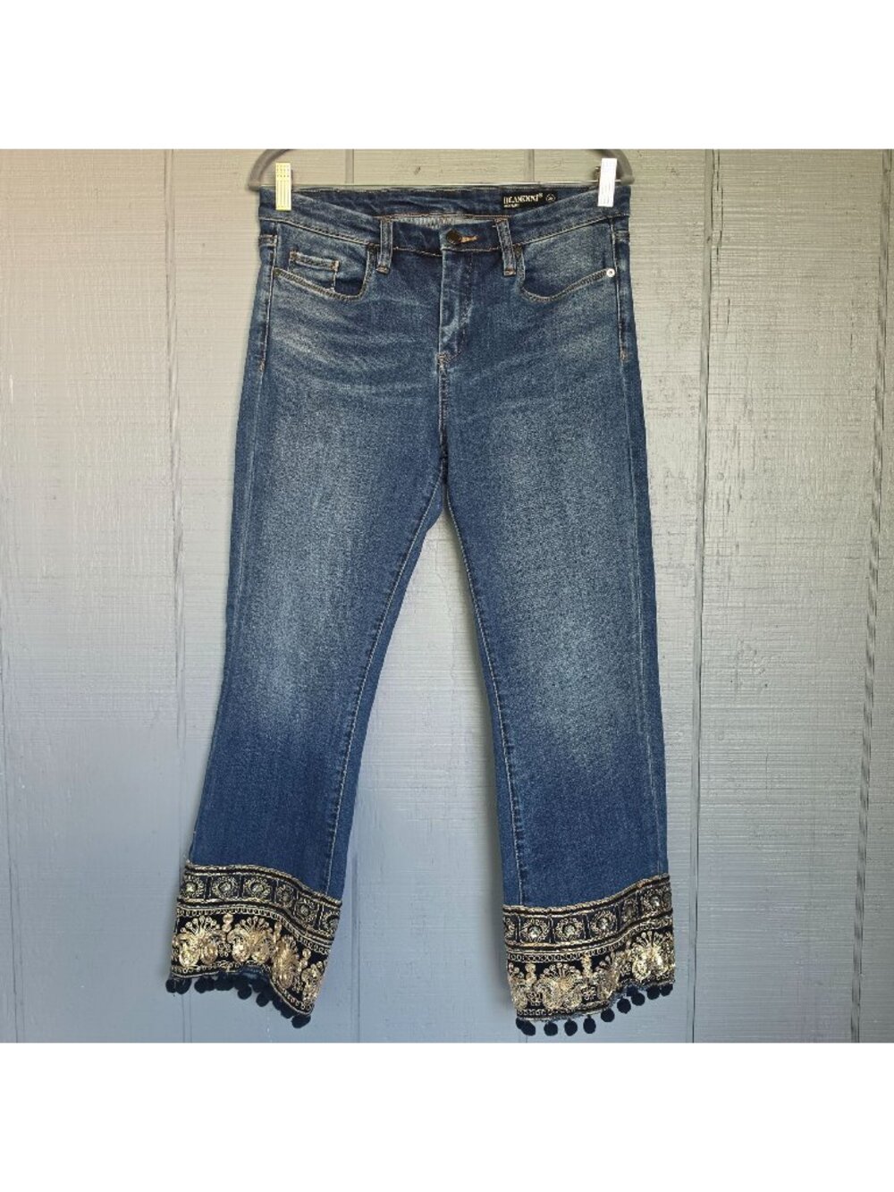 BLANKNYC Kick Flare Jeans Sz 29 Embroidered Sequin Pom Pom Hem Boho Festival Y2K